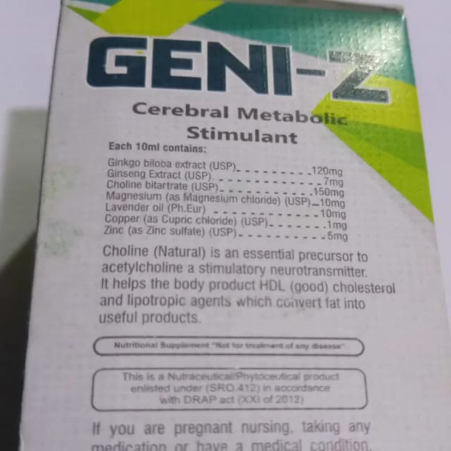 SYP GENI-Z  CHOLINE BITARTRATE 150MG + GINKGO BILOBA EXTRACT 120MG + GINSENG EXTRACT 7MG + MAGNESIUM 10MG + LAVENDER OIL 10MG + COPPER AS CUPRIC 1G + ZINC SULFATE 5 MG
