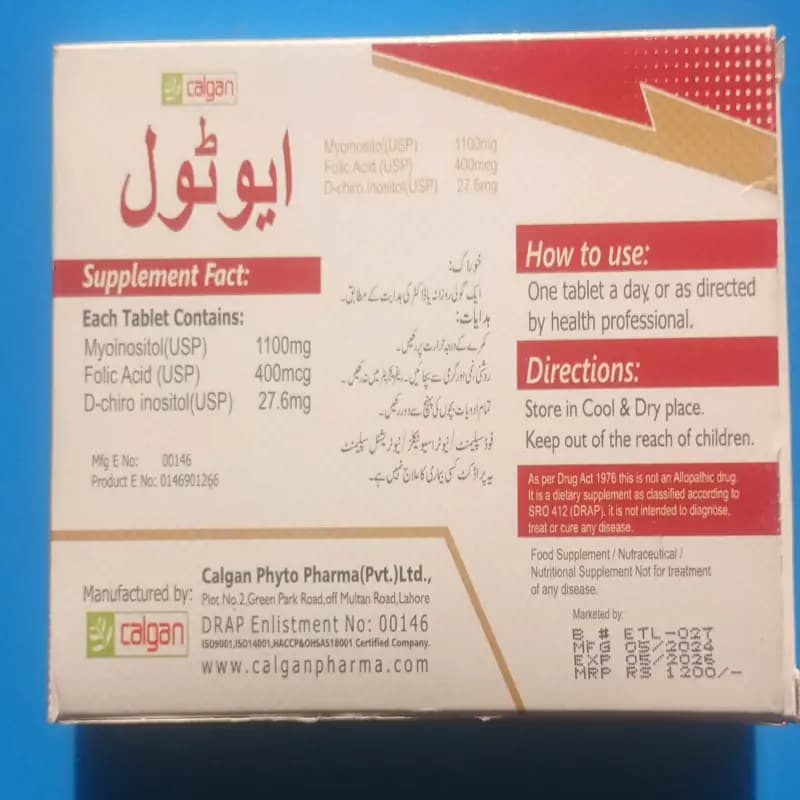 TAB EVOTOL   MYO INOSITOL 1100MG.   FOLIC ACID 400MCG.   D-CHIRO.   27.6 MG