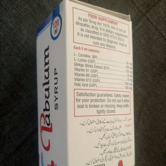 SYP PABULUM L-CARNITINE 50 MG +L-LYSINE 100MG +GINKOBILOBA 120 MG+ VITAMIN B1 10MG ,B6 10 MG ,B12 100mcg +FOLIC ACID 150MCG